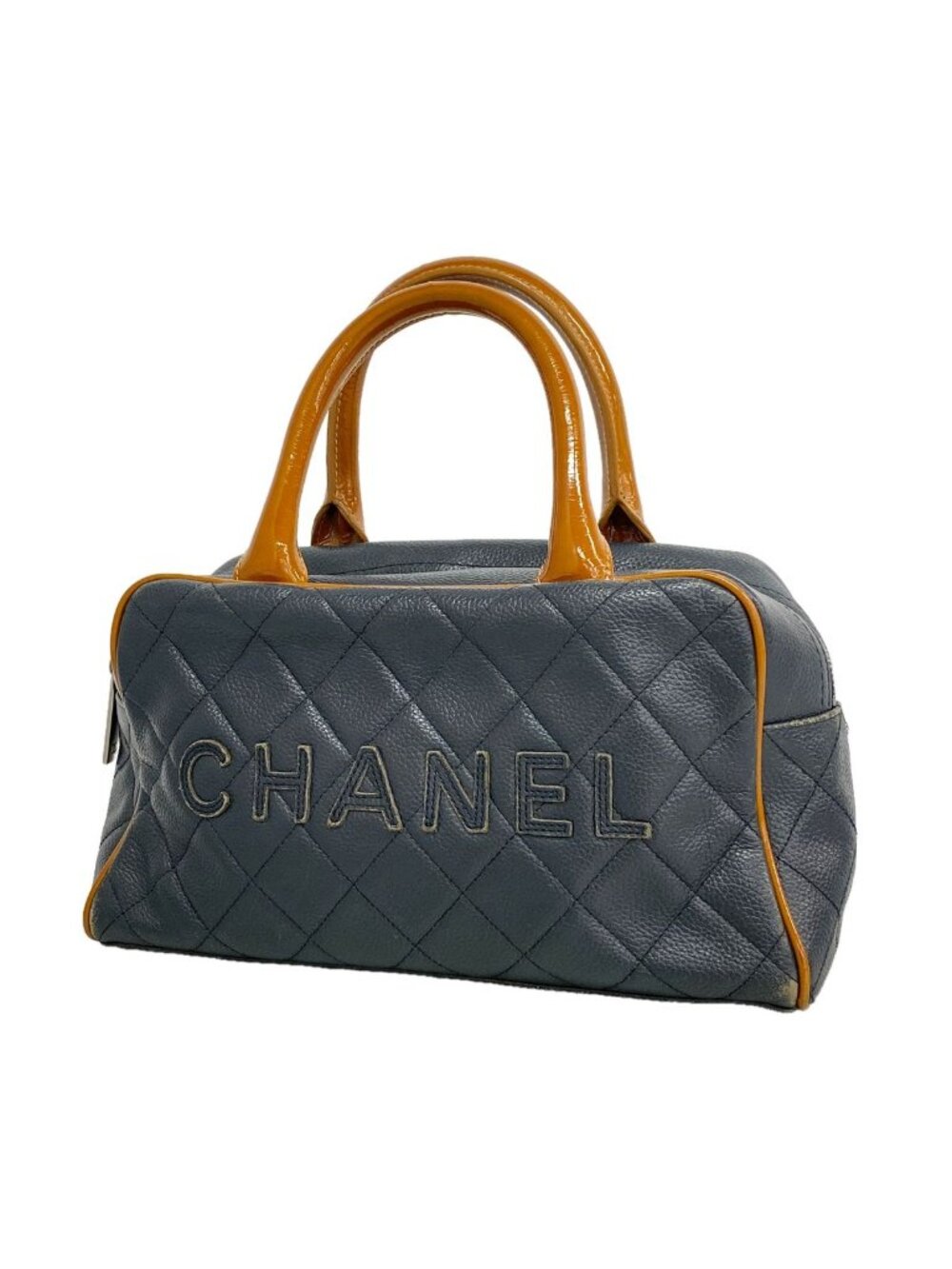 Chanel Handbag Quilted Patent Leather Navy Silver